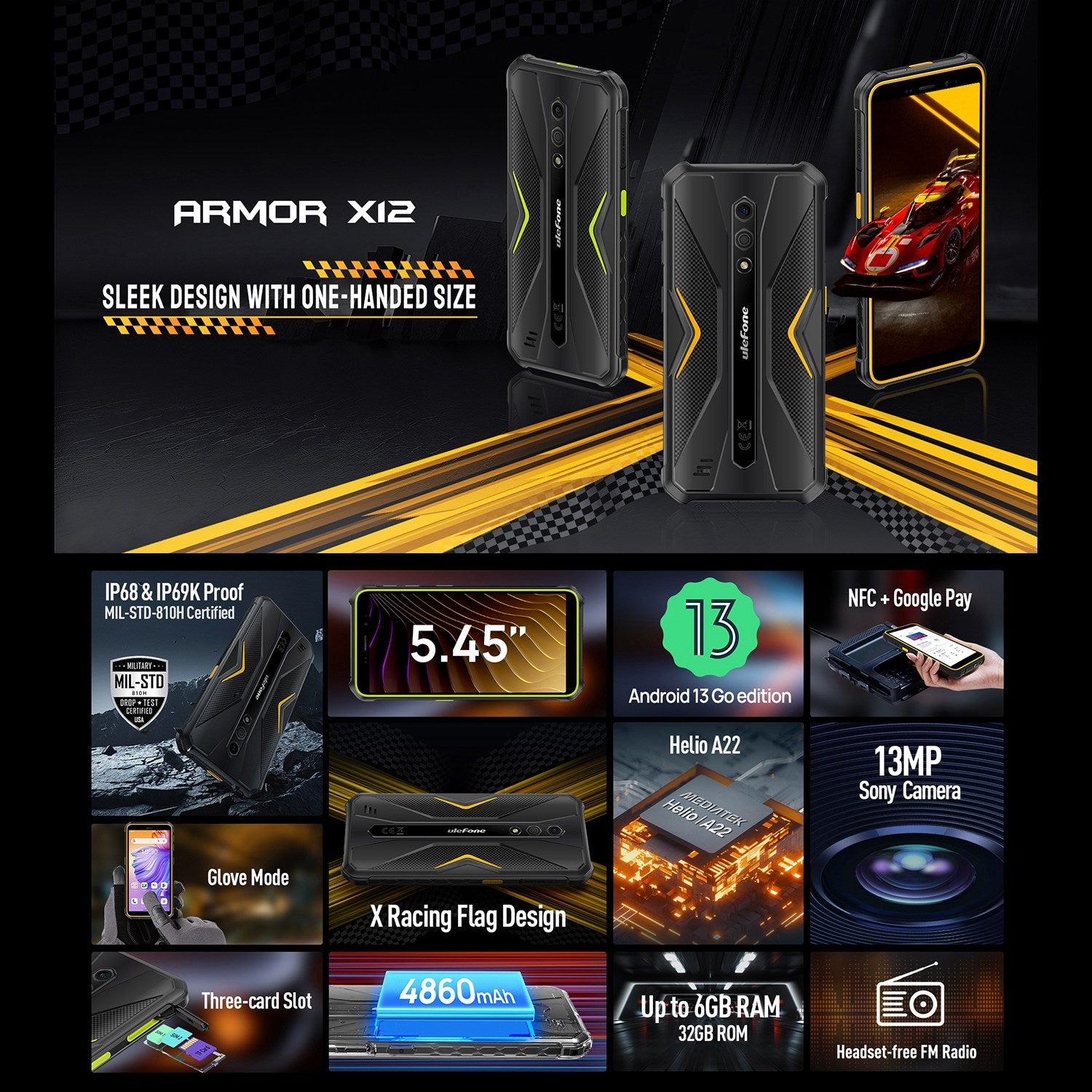 Ulefone Armor X12, 3GB+32GB, Rugged Phone, Face Unlock, 5.45 inch Android 13 Go MediaTek Helio A22 Quad Core, Network: 4G, NFC(All Black)