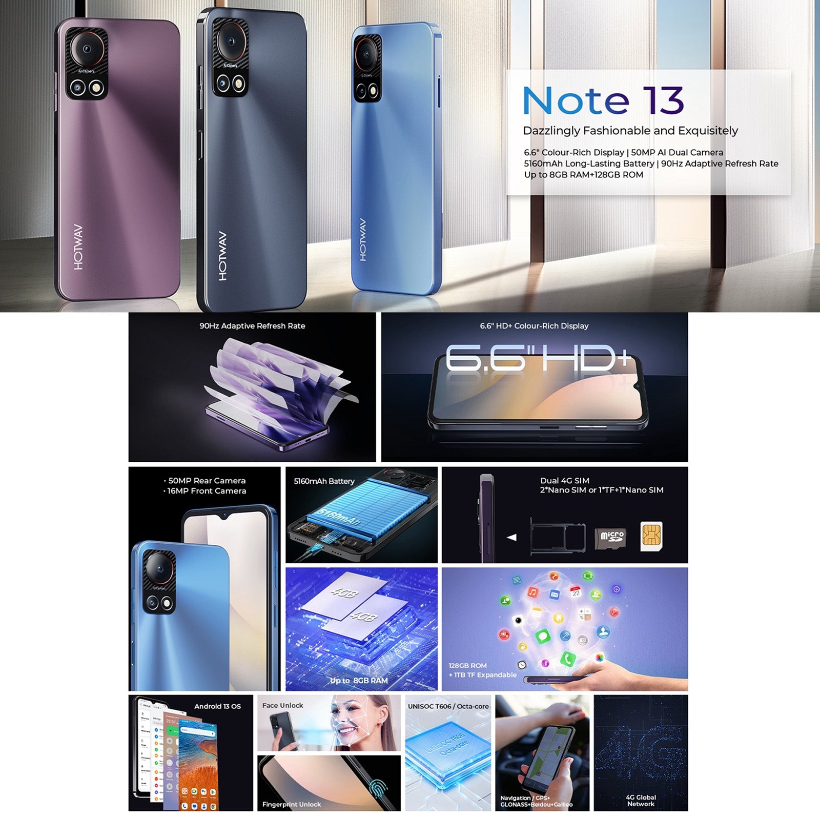 HOTWAV Note 13, 4GB+128GB, Side Fingerprint Identification, 6.6 inch Android 13 T606 Octa Core up to 1.6GHz, Network: 4G, OTG(Violet)