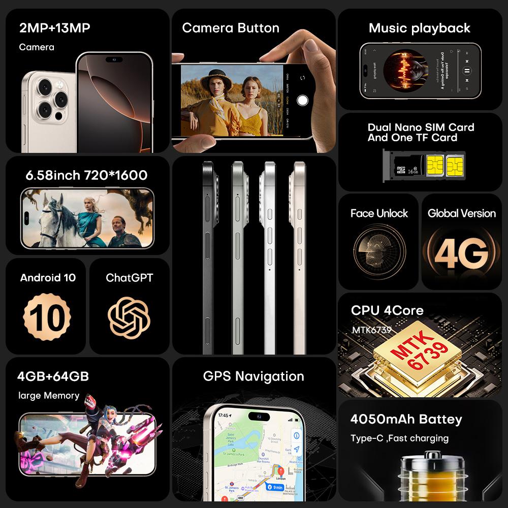 I16 Pro Max / PDQ6, 4GB+64GB, 6.58 inch Android 10 MTK6739 Quad Core, Network: 4G, Dual SIM, Plug:US Plug(Gold)
