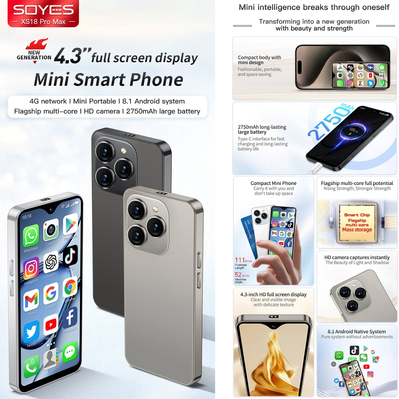 SOYES XS18 Pro Max, 2GB+16GB, Face ID, 4.3 inch Android 8.1 MTK6737A Quad Core, Network: 4G, OTG, Dual SIM (White)