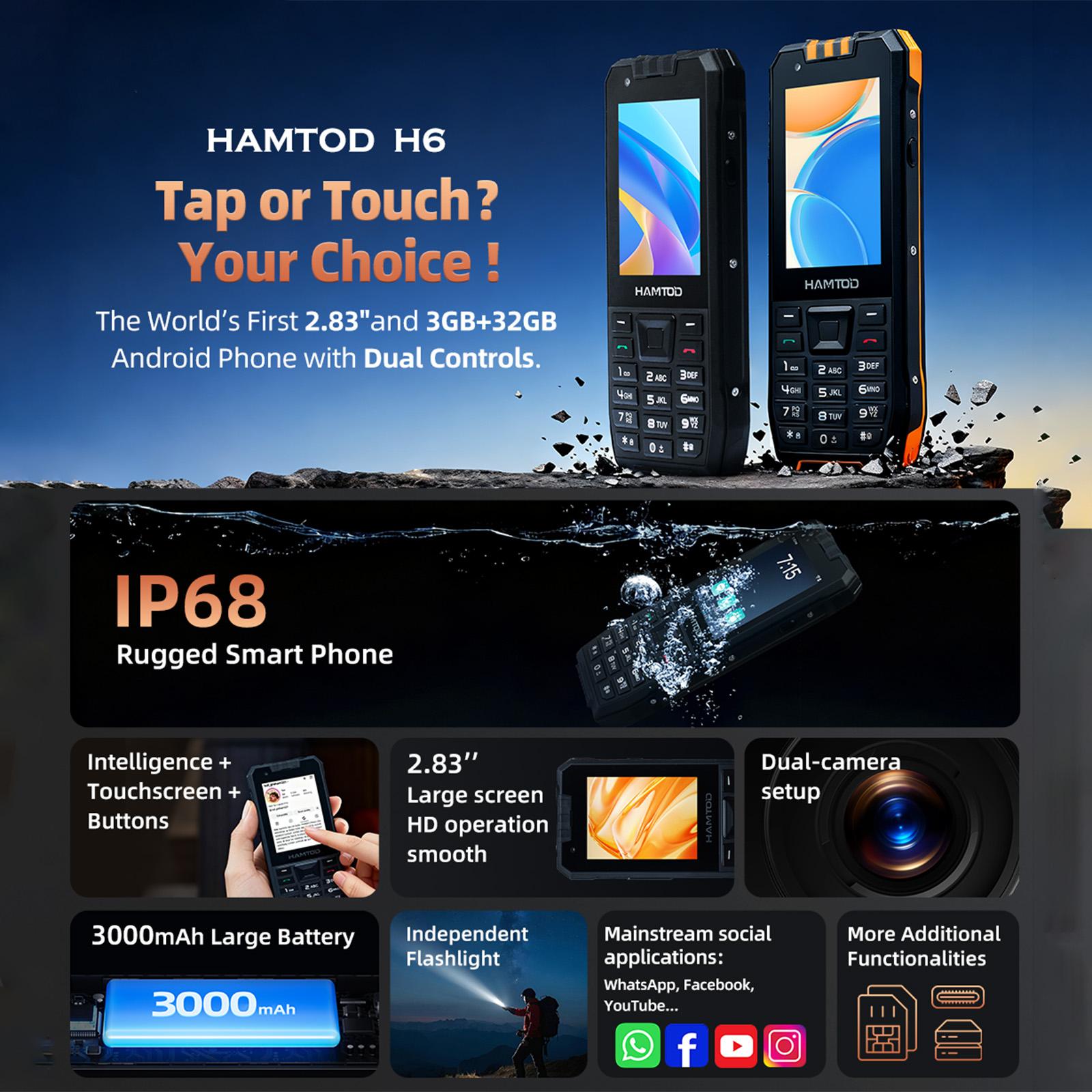 HAMTOD H6 Rugged Phone, 3GB+32GB, 2.83 inch Android 11 UNISOC SC9832E Quad-core, Network: 4G, Support VoLTE, SOS, Google, Whatsapp, Twitter, Facebook, FM (Black)