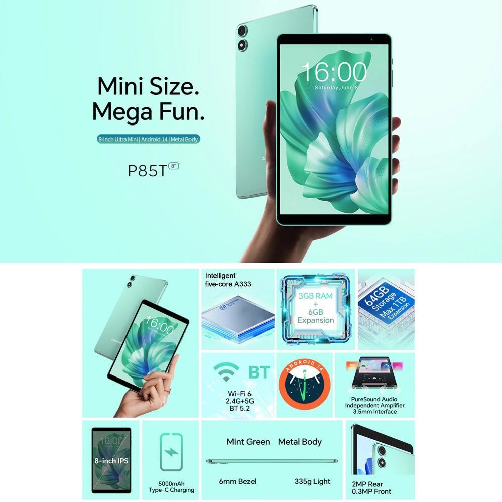 Teclast P85 Tablet PC 8 inch WiFi6, 3GB+64GB, Android 15 Allwinner A333 5-Core(Mint Green)