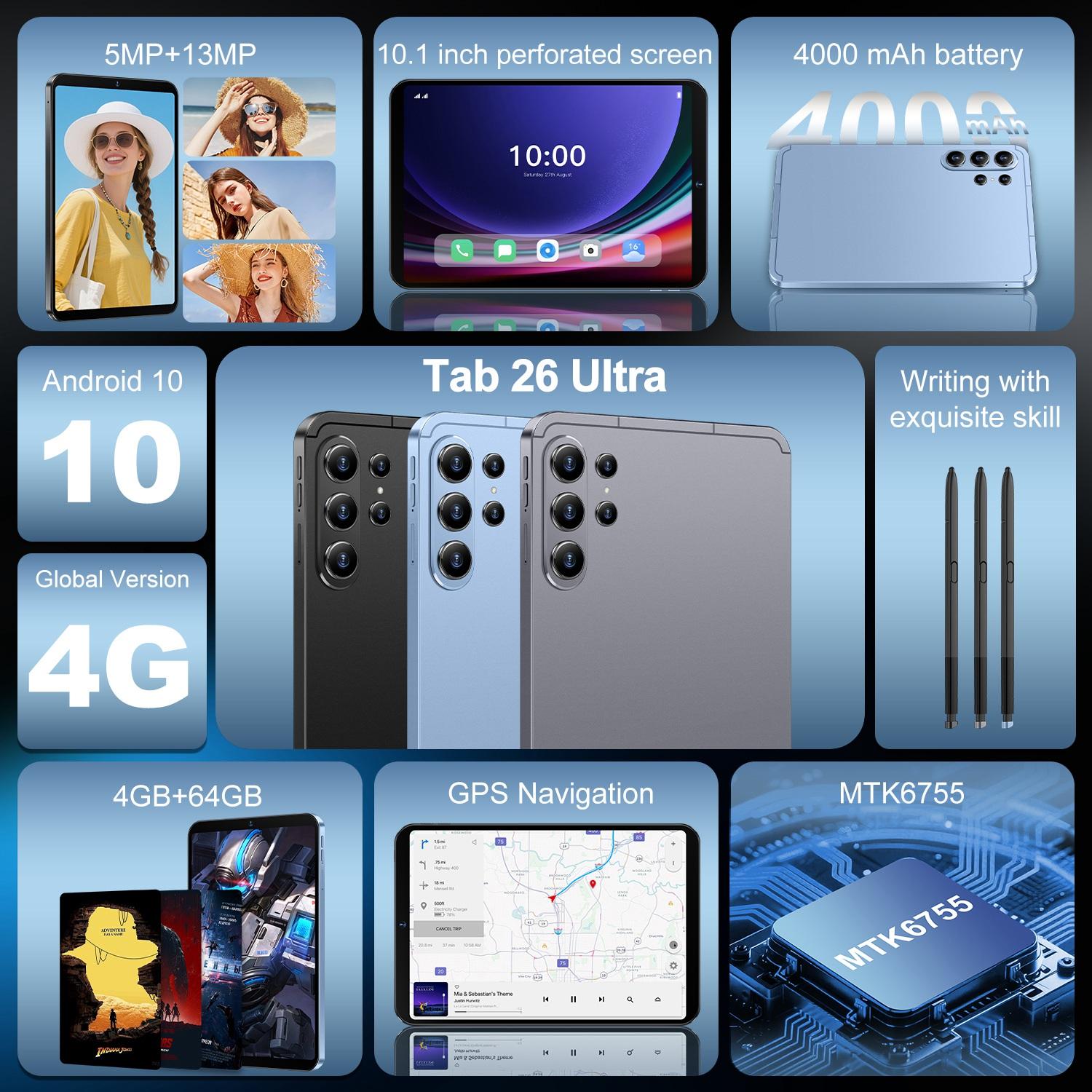 Tab 26 Ultra 10.1 inch 4G LTE Tablet PC, 4GB+64GB, Android 10 MTK6755 Octa Core, UK Plug (Black)